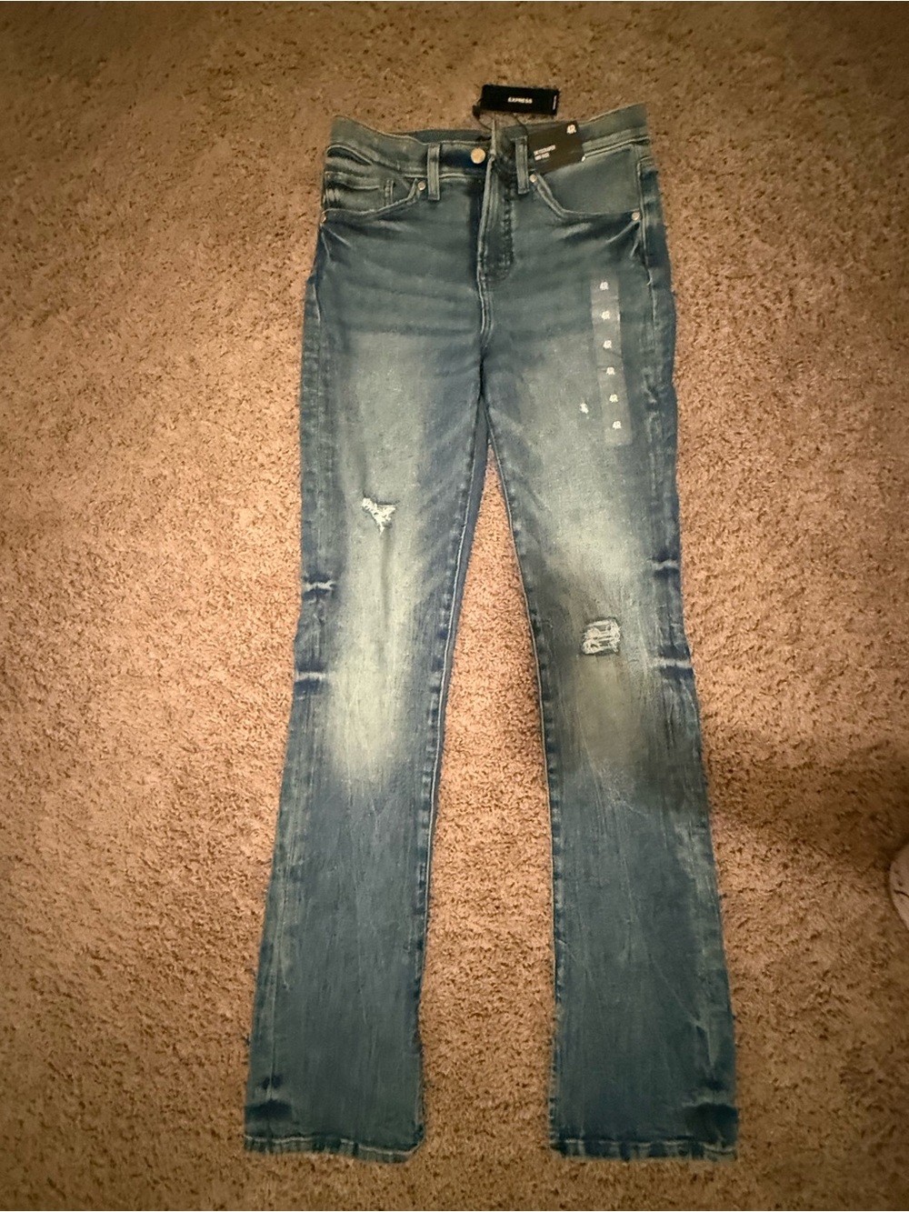 Express Women's Medium Blue Distressed Flare Jeans